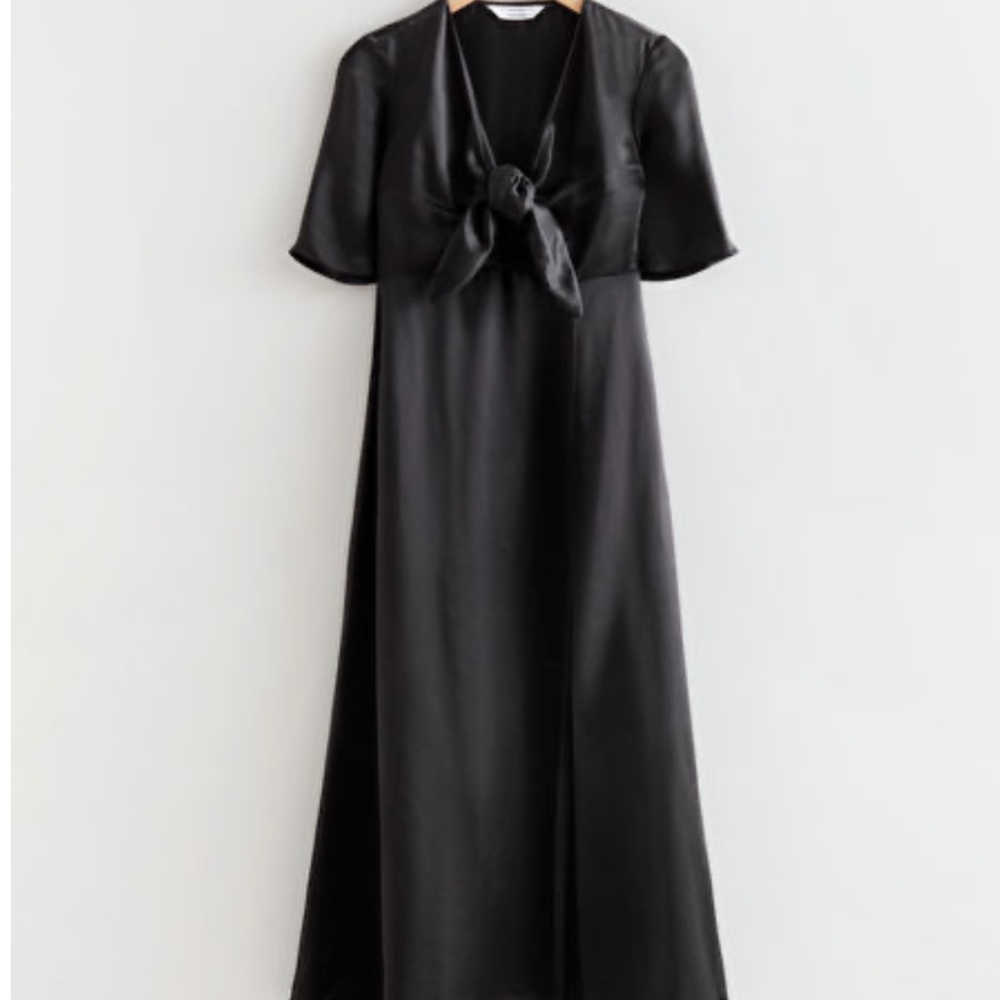 & Other Stories Black Satin Midi Dress with Front Tie